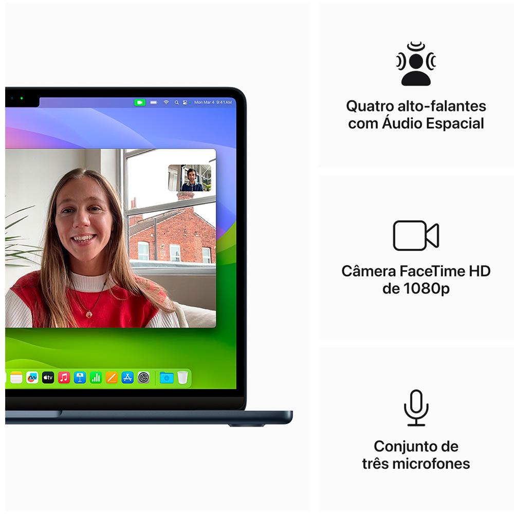 Notebook Apple MacBook Air 13" M3 (CPU de 8 núcleos, GPU de 10 núcleos, 16GB RAM, 512GB SSD) - Meia-Noite