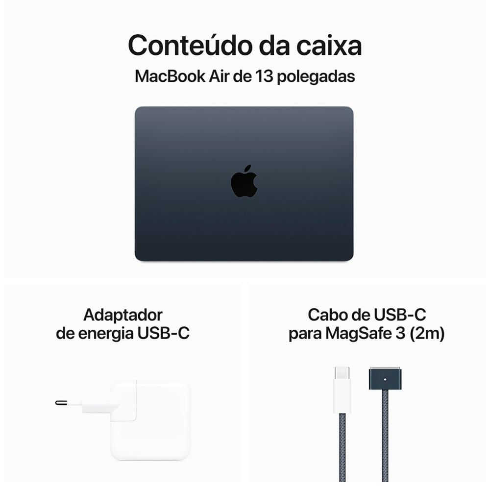 Notebook Apple MacBook Air 13" M3 (CPU de 8 núcleos, GPU de 10 núcleos, 16GB RAM, 512GB SSD) - Meia-Noite