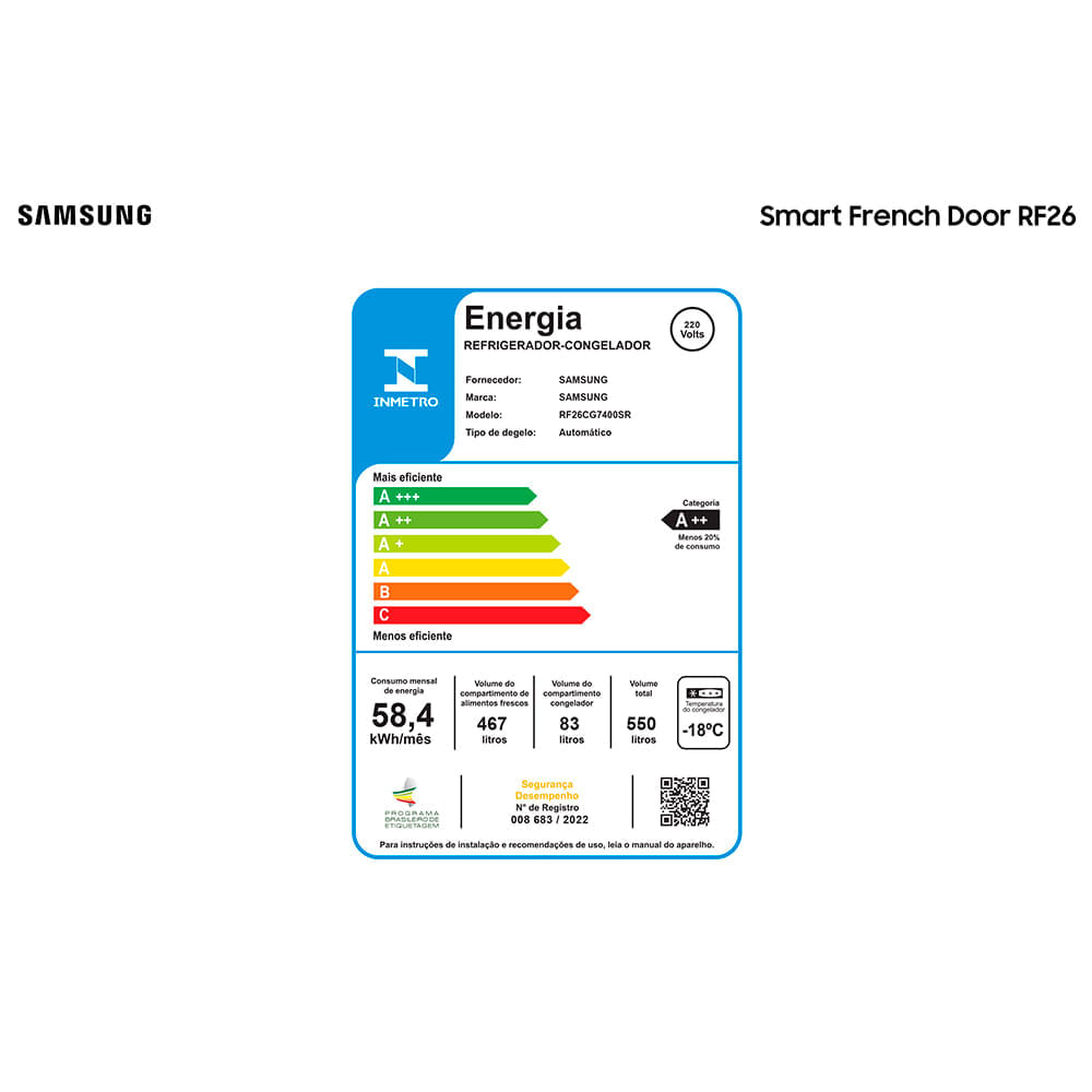 Refrigerador Smart French Door RF26 Samsung Frost Free All Around Cooling™ 550 Litros Inox Look - RF26CG7400SRAZ