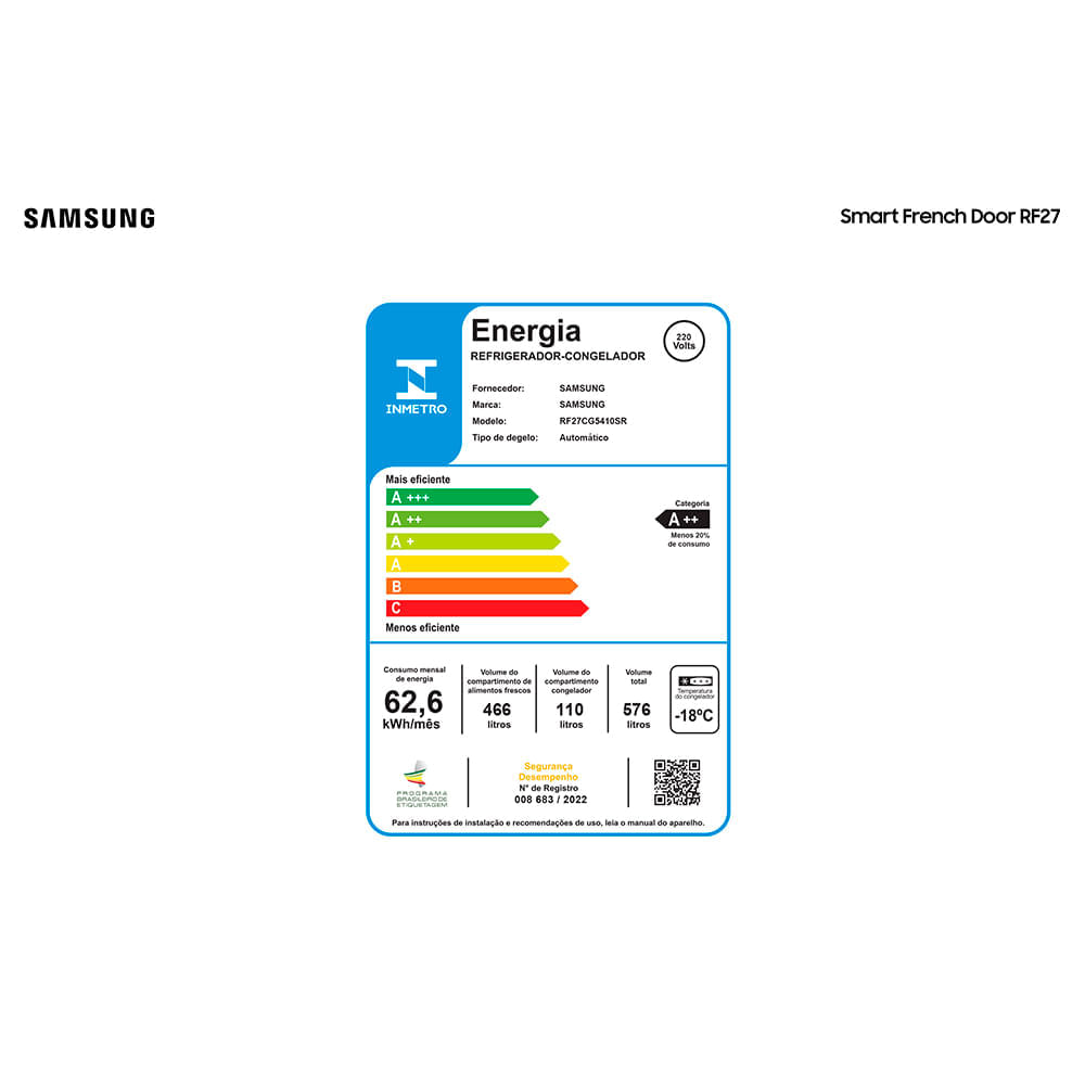 Refrigerador Smart French Door RF27 Samsung Frost Free All Around Cooling™ 576 Litros Inox Look - RF27CG5410SRAZ